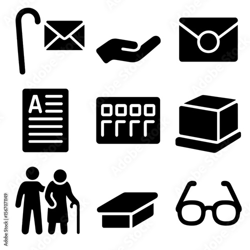 Elderly Assistance Icons. Solid, filled icons set of elderly mail assistance: cane and mail, helper hand,
