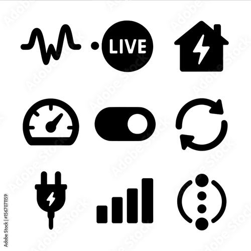Electricity Monitoring Icons. Solid, filled icon set of real-time electricity monitoring: current usage wave, blinking dot, live