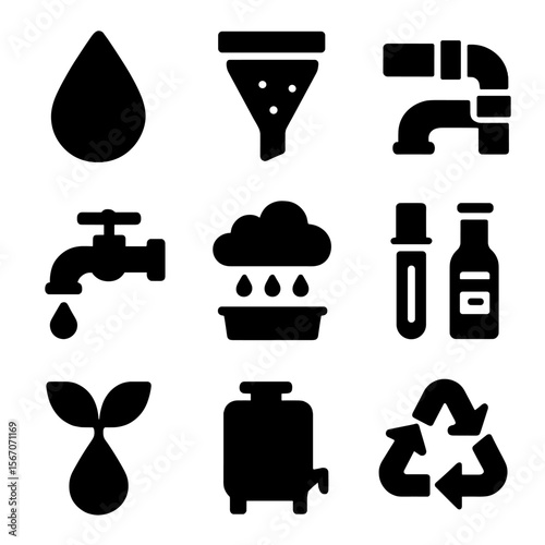 Clean Water Icons. Solid, filled icon set of clean water tech: water droplet, filter, pipeline, faucet, rain collector, water