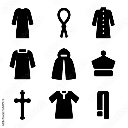 Christian Vestment Icons. Solid, filled icon set of Christian liturgical vestments: alb robe, cincture belt, cassock, surplice,