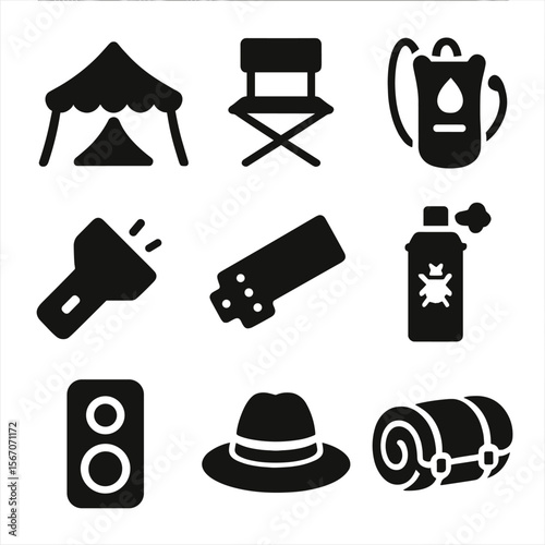 Camping Gear Icons. Solid, filled icons set of camping and outdoor festival gear: festival tent, folding chair
