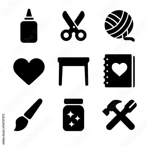 Crafting Icons Grid. Solid, filled icon set of crafting gifts together: glue bottle, scissors, yarn ball, paper heart, craft table