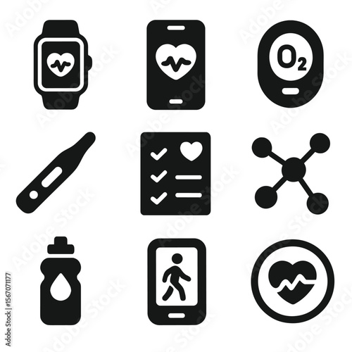Mobile Health Icons. Solid, filled icons set of mobile health monitoring: wearable sync, health app on phone,