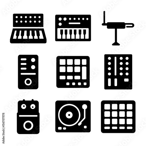 Electronic Instrument Icons. Solid, filled icon set of iconic electronic instruments: Moog synthesizer, Roland TR-808, Theremin,