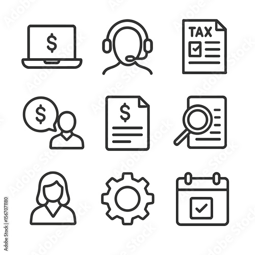 Remote Finance Icons. Outline icon set of entry-level finance positions: junior accountant silhouette, payroll clerk desk,