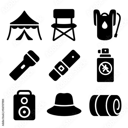 Camping Gear Icons. Solid, filled icons set of camping and outdoor festival gear: festival tent, folding chair
