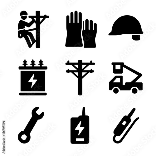 Electrician Icon Set. Solid, filled icon set of electric line repair workers: lineman climbing pole, safety harness, insulated