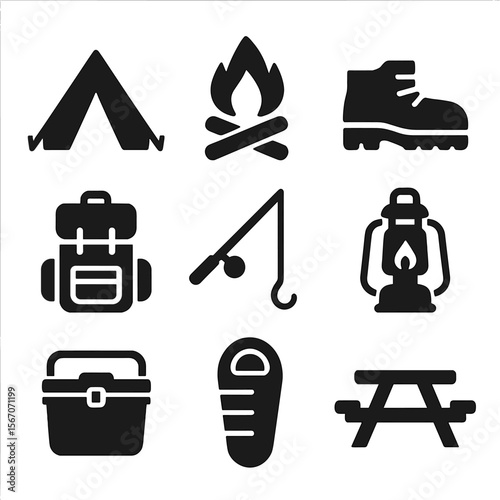 Camping Icon Set. Solid, filled icons set of camping and outdoor stops: tent, campfire, hiking boot, backpack,