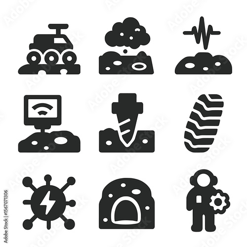 Moon Surface Operations Icons. Solid, filled icons set of moon surface operations: terrain vehicle, moon dust