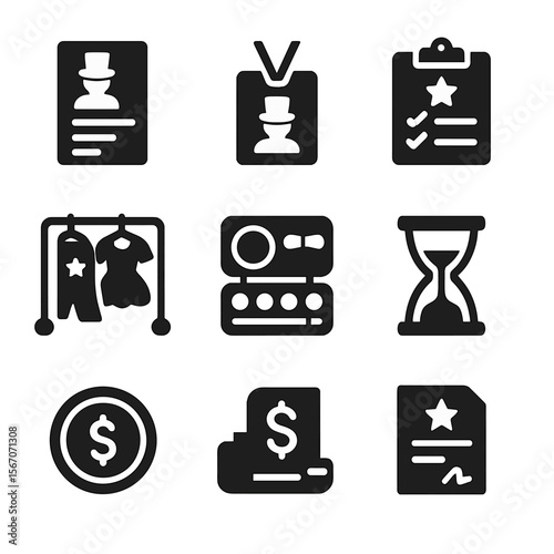 Circus Career Icon Set. Solid, filled icon set of circus career icons: performer resume, stage badge, rehearsal clipboard, travel