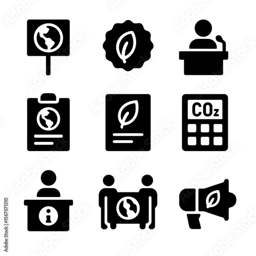 Climate Awareness Icons. Solid, filled icon set of climate awareness actions: protest sign, green badge, public speaker, petition