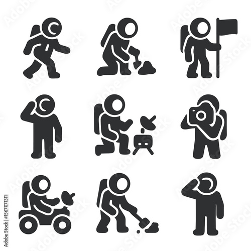 Moonwalk Icons Collection. Solid, filled icons set of astronaut activities on the moon: moonwalk, rock