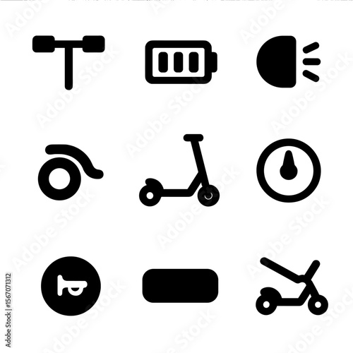 Electric Scooter Icons. Solid, filled icon set of electric scooter features: handlebar, battery indicator, front light, rear brake