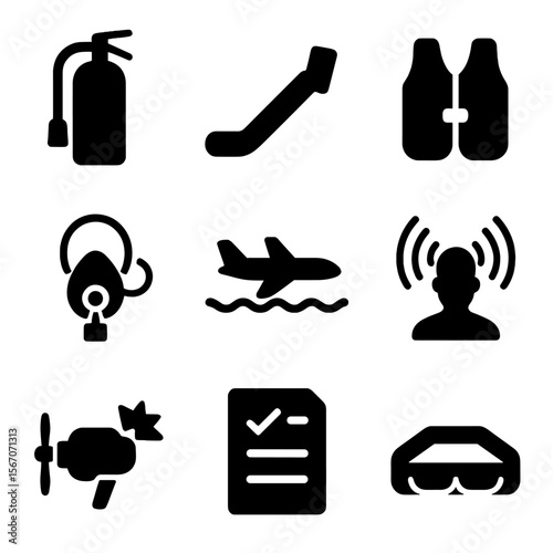 Emergency Procedures Icons. Solid, filled icon set of emergency procedures: fire extinguisher, evacuation slide, life vest, oxygen