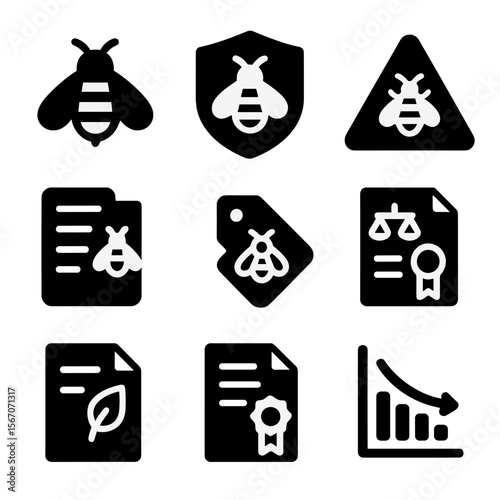 Endangered Bee Icons. Solid, filled icons set of endangered bee species protection: rare bee icon, protection