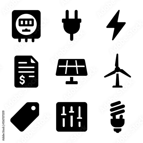 Energy Tariff Icons. Solid, filled icons set of electricity tariffs: electric meter, plug, lightning bolt,