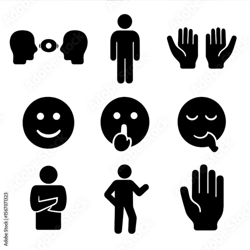 Nonverbal Communication Icons. Solid, filled icon set of nonverbal communication: eye contact, posture icon, open hands, facial