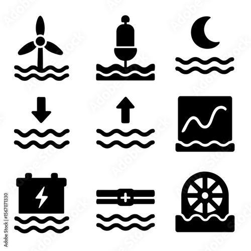 Ocean Energy Icons. Solid, filled icon set of ocean energy and tides: tidal turbine, wave power buoy, moon tide symbol, ebb arrow,