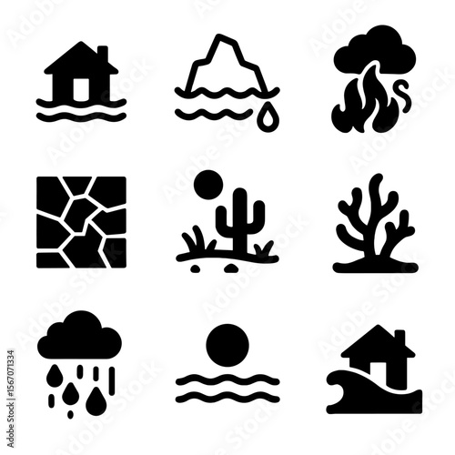 Climate Change Icons. Solid, filled icon set of climate change effects: rising sea level, melting iceberg, wildfire smoke, drought