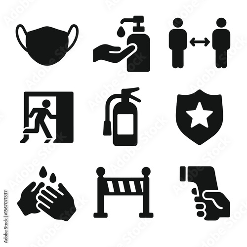 Circus Safety Icons. Solid, filled icon set of circus crowd safety: mask, sanitizer, social distance sign, temperature check,