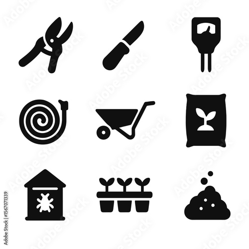 Apple Cultivation Tools. Solid, Filled icon set of apple cultivation tools: pruning shears, grafting knife, soil tester,