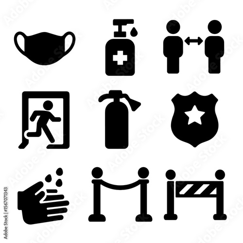 Circus Safety Icons. Solid, filled icon set of circus crowd safety: mask, sanitizer, social distance sign, temperature check,