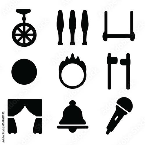 Circus Tools Icons. Solid, filled icon set of circus performance tools: unicycle, juggling pins, trapeze, clown nose, fire hoop,