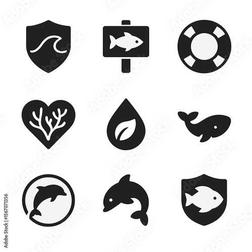 Ocean Protection Icons. Solid, filled icon set of ocean protection symbols: shield with wave, marine reserve sign, life buoy, eco