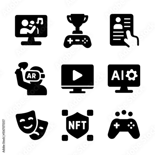 Emerging Entertainment Icons. Solid, filled icon set of emerging entertainment: virtual concerts, esports, interactive
