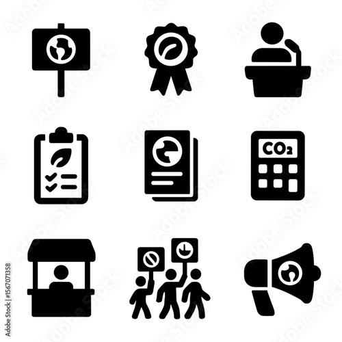 Climate Awareness Icons. Solid, filled icon set of climate awareness actions: protest sign, green badge, public speaker, petition