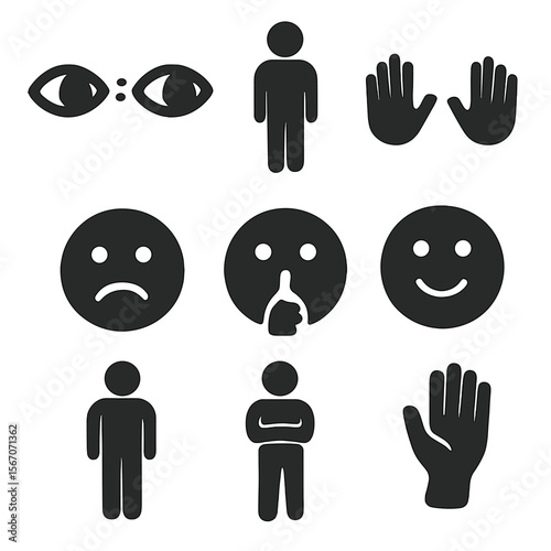 Nonverbal Communication Icons. Solid, filled icon set of nonverbal communication: eye contact, posture icon, open hands, facial