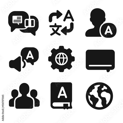 Multilingual Icons Grid. Solid, filled icons set of multilingual conversations: speech bubbles with flags,