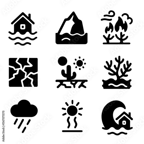 Climate Change Icons. Solid, filled icon set of climate change effects: rising sea level, melting iceberg, wildfire smoke, drought