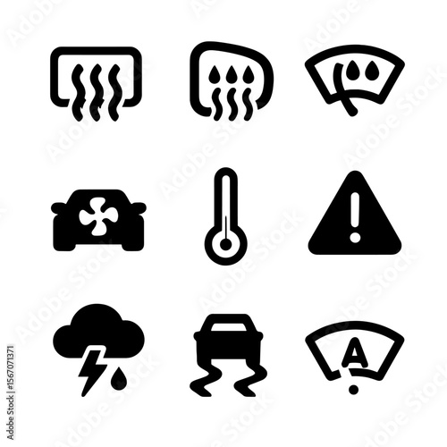 Car Weather Icons. Solid, filled icons set of car weather features: defogger, heated mirror, rain-sensing