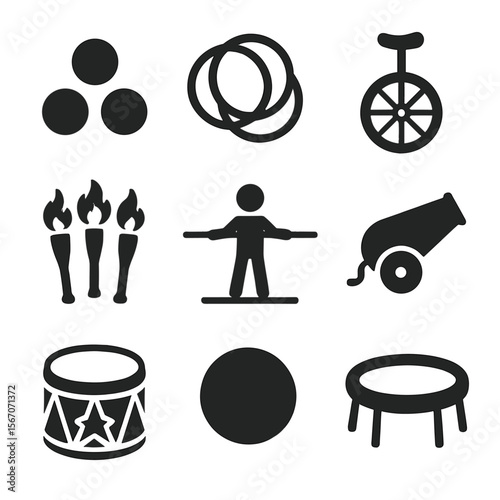 Circus Prop Icons. Solid, filled icon set of circus props: juggling balls, hoops, unicycle, balancing pole, fire torches,