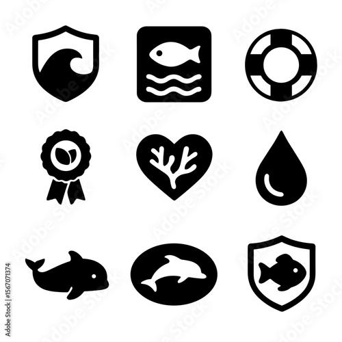 Ocean Protection Icons. Solid, filled icon set of ocean protection symbols: shield with wave, marine reserve sign, life buoy, eco