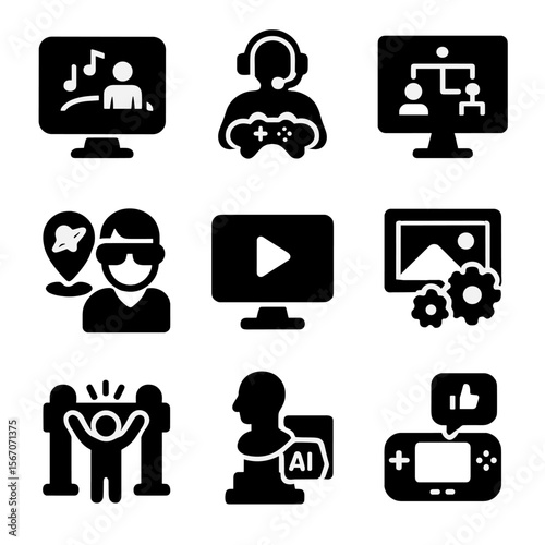 Emerging Entertainment Icons. Solid, filled icon set of emerging entertainment: virtual concerts, esports, interactive