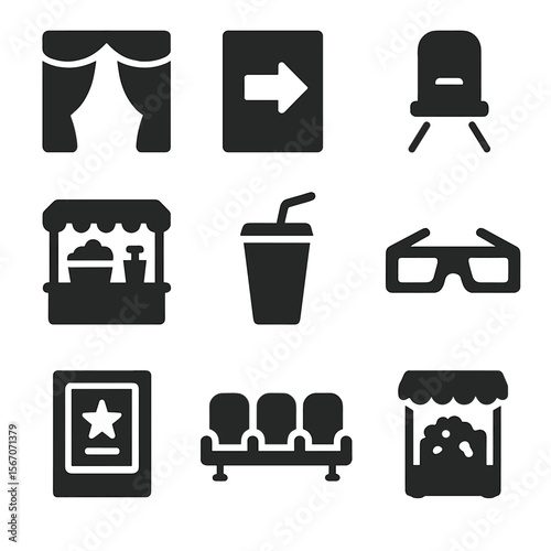 Movie Theater Icons. Solid, filled icons set of movie theater ambiance: velvet curtain, exit sign, aisle light