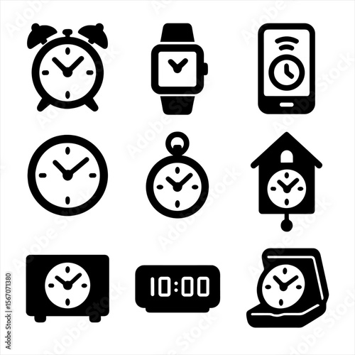 Clock Icon Collection. Solid, filled icon set of alarm clock styles: vintage alarm clock, digital wristwatch, smart alarm, wall