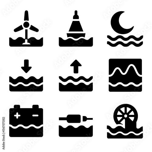 Ocean Energy Icons. Solid, filled icon set of ocean energy and tides: tidal turbine, wave power buoy, moon tide symbol, ebb arrow,