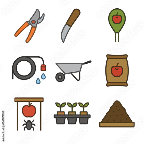Apple Cultivation Tools. Flat icon set of apple cultivation tools: pruning shears, grafting knife, soil tester, irrigation hose,