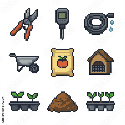 Apple Cultivation Tools. Pixel art icon set of apple cultivation tools: pruning shears, grafting knife, soil tester, irrigation