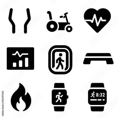 Cardio Fitness Icons. Solid, filled icons set of cardio options for all abilities: elliptical handles, adapted