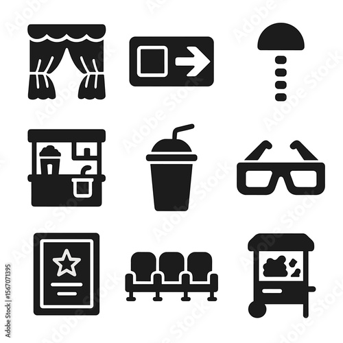Movie Theater Icons. Solid, filled icons set of movie theater ambiance: velvet curtain, exit sign, aisle light