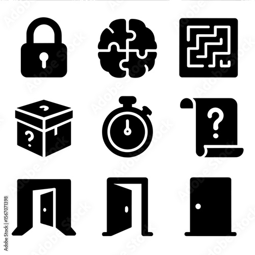 Escape Room Icons. Solid, filled icons set of puzzle and escape room games: lock icon, brain puzzle, maze icon
