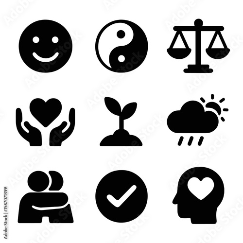Emotional Balance Icons. Solid, filled icon set of emotional balance: smiling face, yin-yang, balance scale, heart in hands,