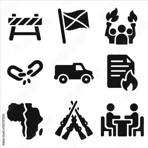 Civil War Icon Set. Solid, filled icon set of civil wars in history: barricade, rebel flag, torch march, broken chains, militia