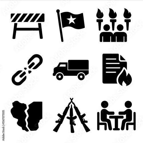 Civil War Icon Set. Solid, filled icon set of civil wars in history: barricade, rebel flag, torch march, broken chains, militia