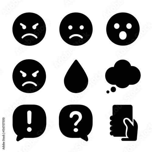 Emotional Icons Grid. Solid, filled icon set of user reactions: frustrated face, sad emoji, shock expression, angry icon, tear