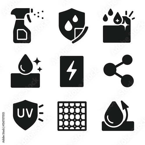 Nanotech Architecture Icons. Solid, filled icons set of nanotechnology in architecture: nano spray,